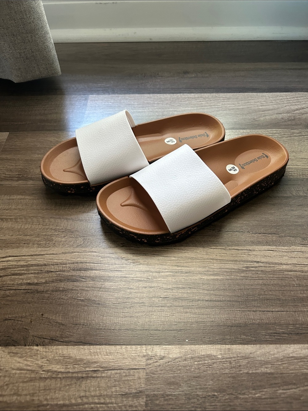 White Slide Sandals with Cork-Style Sole